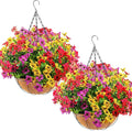 Lyrow 2 Pcs Artificial Hanging Flowers with Fake Basket Outdoor Realistic Hanging Plants with 12 Inch Coconut Lining Basket for Patio Lawn Garden Porch Decor (Mix)