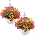 Lyrow 2 Pcs Artificial Hanging Flowers with Fake Basket Outdoor Realistic Hanging Plants with 12 Inch Coconut Lining Basket for Patio Lawn Garden Porch Decor(Bright)
