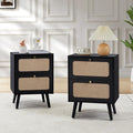 Mid Century Night Stand Set of 2, Modern Nightstand with 2 Drawers & Curved Linen Panel, Farmhouse End Table Wood Bedside Table Small Side Tables for Small Space, Bedroom (Black)