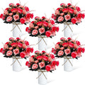 Domensi 6 Sets Wedding Centerpiece for Table Artificial Rose with Vase Fake Bouquets and Metal Pot Floral Arrangements for Holiday Party Event Table Decor (Rose Red)