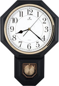 JUSTIME Traditional Schoolhouse Easy to Read Pendulum Plastic Wall Clock Chimes Every Hour with Westminster Melody Made in Taiwan, 4AA Batteries Included (PP0258-WB Matt. Black)
