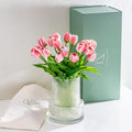 Pink Tulips with Vase Ribbed Glass Vase with 20 Realistic Artificial Flowers Gift Set. Fluted Clear Flower Vase and Fake Tulips Entryway Living Room Table Office Shelf Decor Faux Spring Decor
