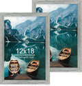 12x18 Frame Set of 2, Rustic Grey Wood Style, Display 12 x 18 Poster without Mat or 8.5x11 Picture with Mat, Wall Mounting Horizontal and Vertical