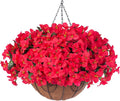 Artificial Fake Hanging Flowers for Outdoors with Basket Faux Plants Silk Bougainvillea Flower in Planter Look Real UV Resistant Faux Flower for Outside Porch Patio Garden Yard Home Decor, Red