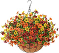 Artificial Flowers Hanging Basket Plants, Fake Mums Fall Decorations for Outdoor, Faux Silk Flower UV Resistant Autumn Decor for Outside Garden Patio Front Porch Balcony Window (Orange Brown Yellow)
