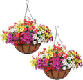 2 Pack Outdoor Artificial Flowers with Hanging Basket, Fake Hanging Flowers for Spring Summer Front Porch Patio Yard Garden Home Decor (Creamy White, Red, Purple, Yellow)