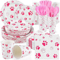 400 Pieces Pink Paw Disposable Party Tableware Sets Dog Puppy Supplies Including Plates Cups Napkins Cutlery Serves 50 for Birthday Puppy Theme Party Decorations