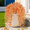 2PCS Fall Artificial Hanging Flowers Plants for Outdoors, 2Pcs Faux Silk Flowers with Eucalyptus Leaves, Fake Fall Flowers for Autumn Home Patio Porch Outside Decor (Orange Yellow)