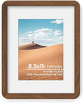 8.5x11 Round Corner Picture Frame, Solid Oak Wood Frame Matted For 6x8 With Plexiglass, Hanging Hardware Included For Tabletop Or Wall Display Frame, Walnut, 1 Pack