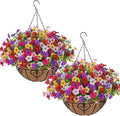 Alynsehom 2 Set Artificial Flowers with Hanging Basket, 2 Outdoor Hanging Plants with 24pcs Faux UV Resistant Fake Silk Azalea in Baskets for Porch Garden Patio Balcony Yard Home Decor(6 Colors)