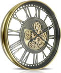DORBOKER Real Moving Gears Wall Clock Large Modern Metal Clocks for Living Room Decor, Industrial Steampunk Unique Vintage Rustic Decorative Clock for Home Farmhouse Office, 21 Inch,Bronze Gold Roman