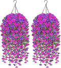 TOCHGREEN 2 Set Artificial Faux Outdoor Flowers with Hanging Basket,2 Hanging Planters Fake Silk Morning Glory Vines Eucalyptus in Planter UV Resistant for Home Front Porch Balcony Garden Yard