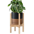 D'vine Dev Ceramic Planter with Natural Stand - 8 Inch Modern Round Flower Pot with Wood Planter Holder, Black/Speckled Tan, 55-B-N-7