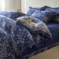 VM VOUGEMARKET Navy Blue Duvet Cover Queen Bohemian Geometric Duvet Cover Yarn-Dyed Cotton 3 Pieces Jacquard Flower Comforter Cover with Zipper Closure,Navy Blue/White