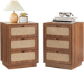 Nightstand with 3 Drawers Set of 2, Mid Century Modern Night Stand with Linen Drawers & Stable Legs, Wood Rustic Bedside Table End Table Side Table for Bedroom, Walnut