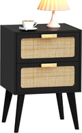 Rattan Nightstand, Wood End Table, Side Table with 2 Hand Made Rattan Decorated Drawers,Boho Bedside Table,Wood Accent Table with Storage for Livingroom, Bedroom, Black CTG59B