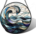 Stained Glass Window Hanging, Ocean Waves Sun Catchers Diamond Glass Panel Hangings Abstract Suncatcher Decor for Birthday for Women, Men, Wife, Aunt, and Mom 7.8 in