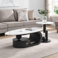 Marble Nesting Coffee Table Set of 2,Modern Oval Center Tea Table and Round Side Nightstand Set w/Drawer andFaux Marble Top and Metal Frame for Living Room Accent Furniture (Black White)