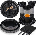 350 Pcs Black Plates and Napkins, 50 Guest Halloween Party Supplies Include Scalloped Paper Plate Napkin Cups Plastic Spoons Forks Knives Disposable Tableware Set for Halloween Day of the Dead