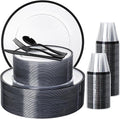 N9R 600PCS Black Disposable Plates, Heavy Duty Plastic Dinnerware Set for 100 Guests Includes 100 Dinner & Dessert Plates, Cups, Spoons, Forks, and Knives, Perfect for Parties, Weddings,and Daily Use