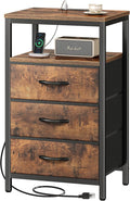 Huuger Nightstand with Charging Station, 27.6 Inch Bedside Table with Fabric Drawers, End Table with USB Ports and Outlets, Night Stand for Bedroom, Rustic Brown