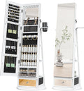 Mirror Jewelry Cabinet Standing, 360° Swivel Jewelry Armoire with 6 LED Lights, Rotatable Mirror Jewelry Organizer, White