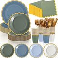 338 Pcs Blue and Sage Green Plates and Napkins Party Supplies for Guests Dusty Blue Tableware Include Scalloped Plates Paper Napkin Cup Spoon Fork Knife for Baby Shower, Wedding, Birthday