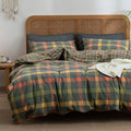 VM VOUGEMARKET Multicolor Plaid Duvet Cover Set Full Soft Washed Cotton Reversible Bedding Modern Cozy Grid Duvet Cover with 2 Pillowcases for Men Women-Orange/Grey/Green,80x90Inch