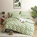 CLOTHKNOW Green White Plaid Comforter Set King 3Pcs Grid Bedding Comforter Sets All Season Checkerboard Comforter with 2 x Pillow Cases