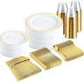 bUCLA 300PCS Gold Disposable Dinnerware Set - White and Gold Plastic Plates 50 Guests - Include 50 Dinner Plates,50 Dessert Plates,50 Knives,50 Forks,50 Spoons,50 Cups for Party, Fall & Thanksgiving