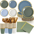 169 Pcs Blue and Sage Green Plates and Napkins Party Supplies for Guests Dusty Blue Tableware Include Scalloped Plates Paper Napkin Cup Spoon Fork Knife for Baby Shower, Wedding, Birthday