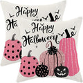 Halloween Pillow Covers 18x18 inches Set of 2 Pink Black Pumpkin Decorative Farmhouse Throw Pillow Covers Outdoor Happy Halloween Decor Farmhouse Linen Cushion Case for Home Sofa Decoration