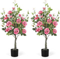 Romantic season 2Pack Artificial Rose Flower Trees, 42Inch Pink Faux Rose Tree with Green Leaves for Living Room Office Home Outdoor Indoor Decor