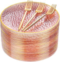 DaYammi 240Pcs Pink Plastic Plates Including 120Pcs Pink Dessert Plates and 120Pcs Gold Plastic Forks,Hammered Party Plate,pink and Gold Appetizer plates Heavy duty Disposable Plate for All Occasions