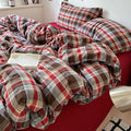 VM VOUGEMARKET Buffalo Gingham Duvet Cover Set Queen,3 Pieces Washed Cotton Bedding Set,Breathable Luxury Plaid Duvet Cover with Zipper Closure(Red&Brown)