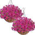 KHOYIME Artificial Hanging Flowers Plants Basket for Outdoors Indoor, 2 Set Faux Silk Fuchsia Morning Glory Fake Eucalyptus Planters UV Resistant Spring Summer Decorations for Home Garden Porch Patio