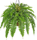 Fake Hanging Plants Large Boston Fern Artificial Plants Outdoor Realistic Fake Ferns with Palm Basket Silk Plants Ferns Hanging Plant Artificial Decor for Home Front Porch Window Garden - Green