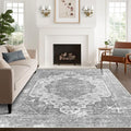 vivorug 8x10 Area Rugs, Stain Resistant Washable Rug for Living Room, Vintage-Inspired Grey Floral Rug