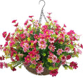 Artificial Faux Hanging Plants Flowers Basket for Spring, Red Daisy Flowers Eucalyptus UV Resistant Look Real for Outdoor Outside Porch Decoration