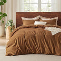 Bedsure 100% Washed Cotton Duvet Cover King Size - Brown Minimalist Cotton Duvet Cover Linen Like for All Seasons - GentleSoft™ Plain Simple Bedding, 3 Pieces (Brown, King, 104