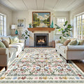 Deerly Boho Floral Rug 7x9 Vintage Colorful Washable Non-Slip Living Room Carpet Soft Low Pile Thin Bedroom Floor Mat Indoor for Dining Room Playroom Nursery Farmhouse, Beige/Green/Multi