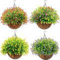 Lyrow 4 Pack Artificial Hanging Flowers with Baskets Outdoors Faux Flowers with 12 Inch Coconut Lining Baskets Realistic Artificial Hanging Plants for Patio Lawn Garden Decor