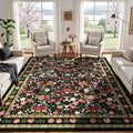 Deerly Large Floral Washable Rugs 8x10 Vintage Black Living Room Carpet Boho Non-Slip Soft Low Pile Thin Bedroom Floor Mat Indoor for Dining Room Playroom Nursery Farmhouse, Black/Multi