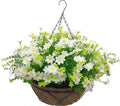 Artificial Hanging Flowers with Basket,Fake Daisy Flowers in 12 inch Coconut Lining Hanging Baskets for The Decoration of Courtyard, Indoors, and Outdoors(White)