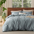 Bedsure 100% Washed Cotton Duvet Cover Queen Size - Dusty Blue Minimalist Cotton Bedding Linen Like for All Seasons - GentleSoft™ Plain Simple Duvet Cover, 3 Pieces (Dusty Blue, Queen, 90