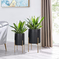 Oakrain Planters for Indoor Plants, Set of 2 Mid Century Modern Planter with Stand, Decorative Metal Planter Pots for Living Room, Office, Garden or Balcony, Black, 10