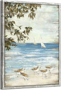 Ocean Abstract Wooden Artwork Framed: Seagulls Graphic Art Print on Wood Board for Bathroom (11''W x 16''H, Multi-Sized/Material)