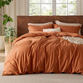 Bedsure 100% Washed Cotton Duvet Cover Queen Size - Burnt Orange Minimalist Duvet Cover Linen Like for All Seasons - GentleSoft™ Plain Simple Bedding, 3 Pieces (Burnt Orange, Queen, 90