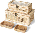 Rattan Display Boxes with Glass Lids - Rectangular Decorative Storage Box for Shelf - Set of 2 Woven Wicker Boho Cane Decor Organizers - 2 Removable Rattan Storage Trays