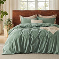 Bedsure 100% Washed Cotton Duvet Cover Queen Size - Green Minimalist Cotton Duvet Cover Linen Like for All Seasons - GentleSoft™ Plain Simple Bedding, 3 Pieces (Green, Queen, 90